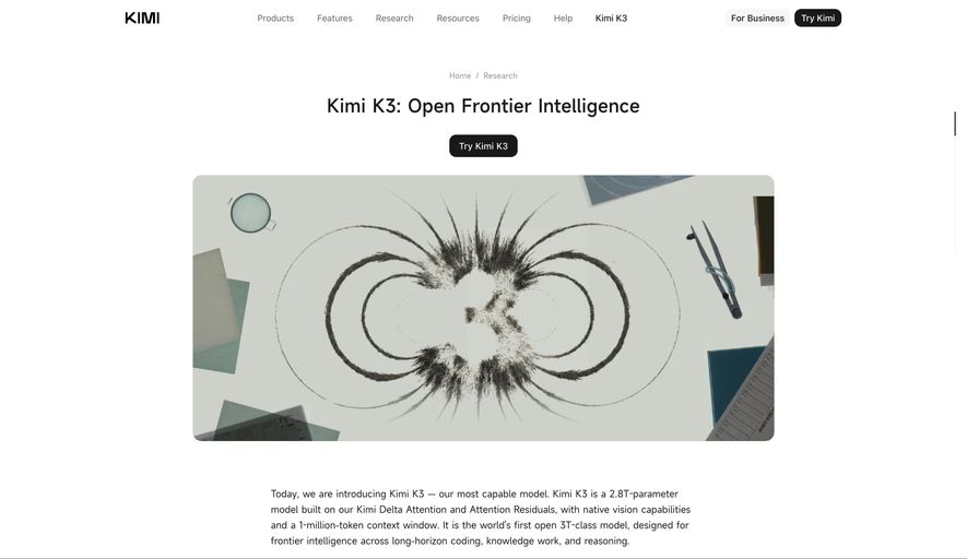 Moonshot AI's Kimi K3 technical blog exploring open frontier intelligence research.
